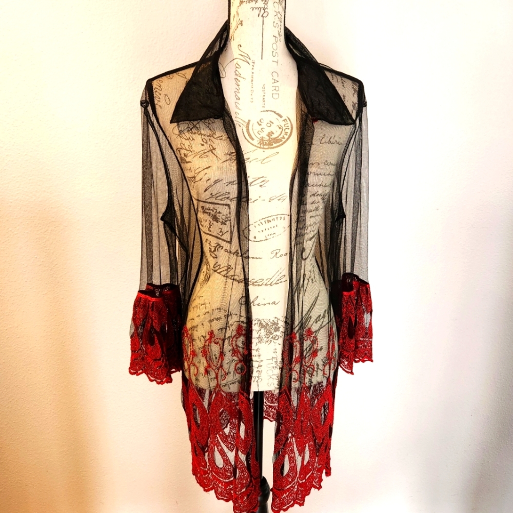 April Cornell Sheer Cover-up with Red  Lace detail goth vampire